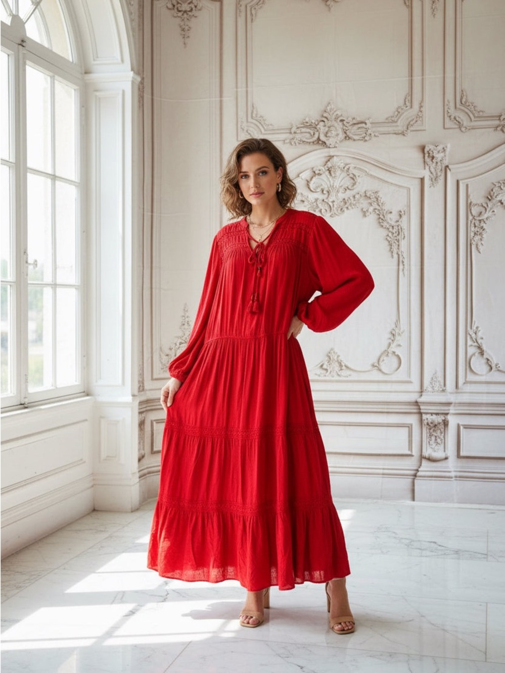 Flowing Red Maxi Dress with Tie-Neck and Long Sleeves